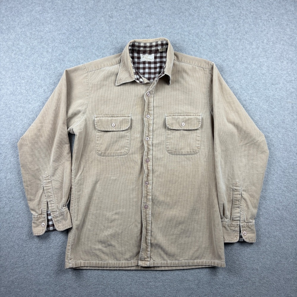Vintage 70s Corduroy Shirt Mens Medium Tan Pinwale Button Up Plaid Lined